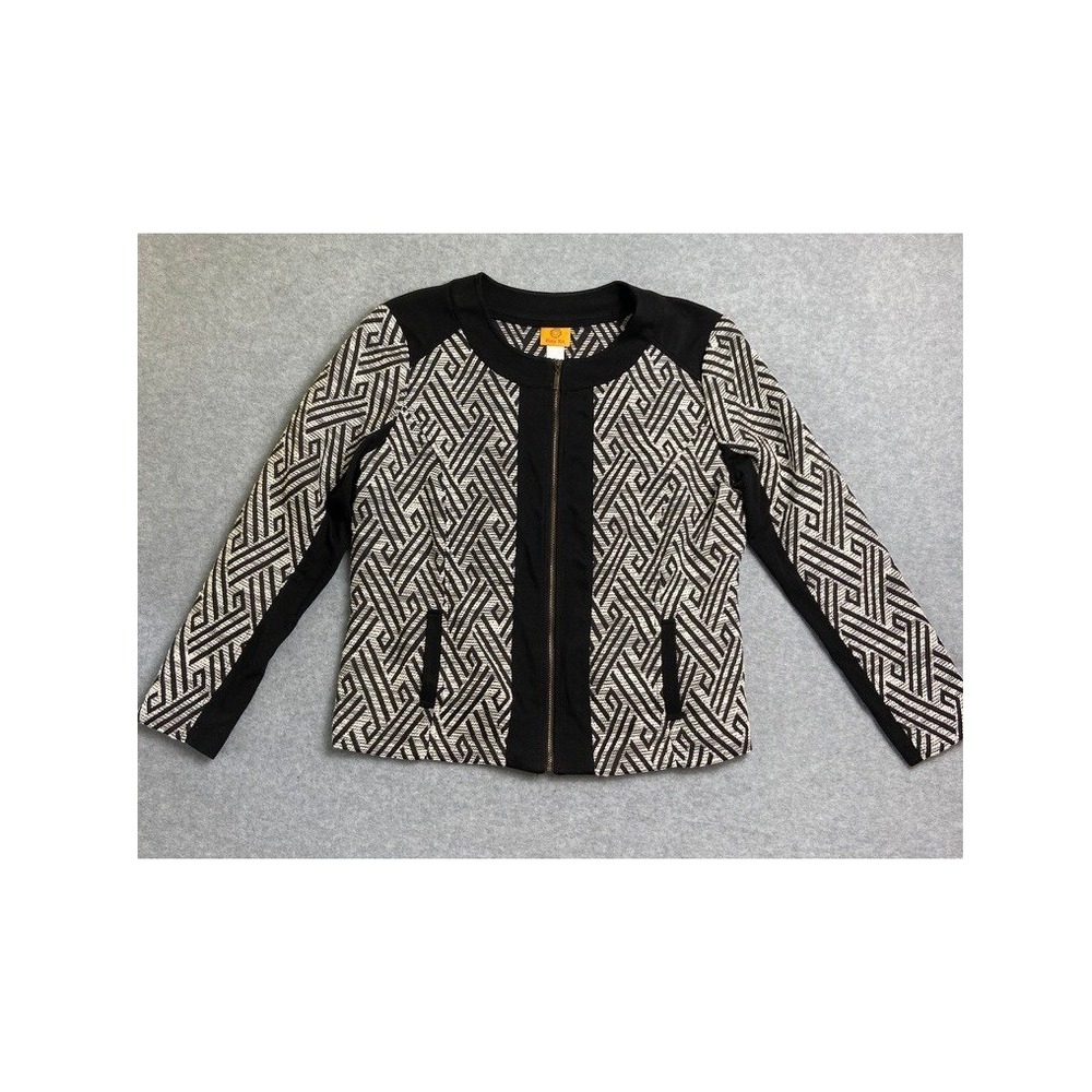 Ruby Rd Jacket Womens Sz 16 Geometric Zip Front Black White Maze Print Contrast
